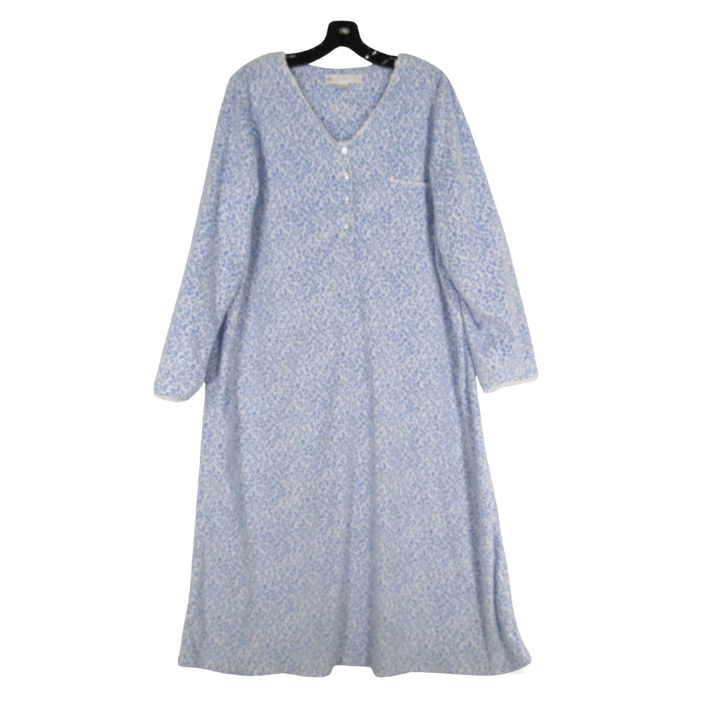 EILEEN WEST Blue LEOPARD PRINT Fleece LACE TRIM 4-BUTTONS Lounge NIGHTGOWN XL
